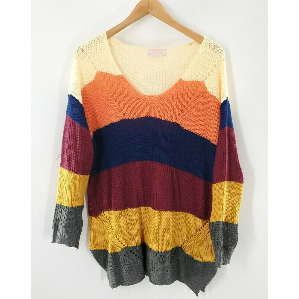 C+D+M Womens Multicolored Knit Crochet Sweater Size M